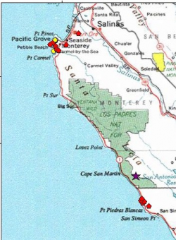 A red polygon indicates an extant occurrence; yellow indicates the occurrence has been extirpated. 